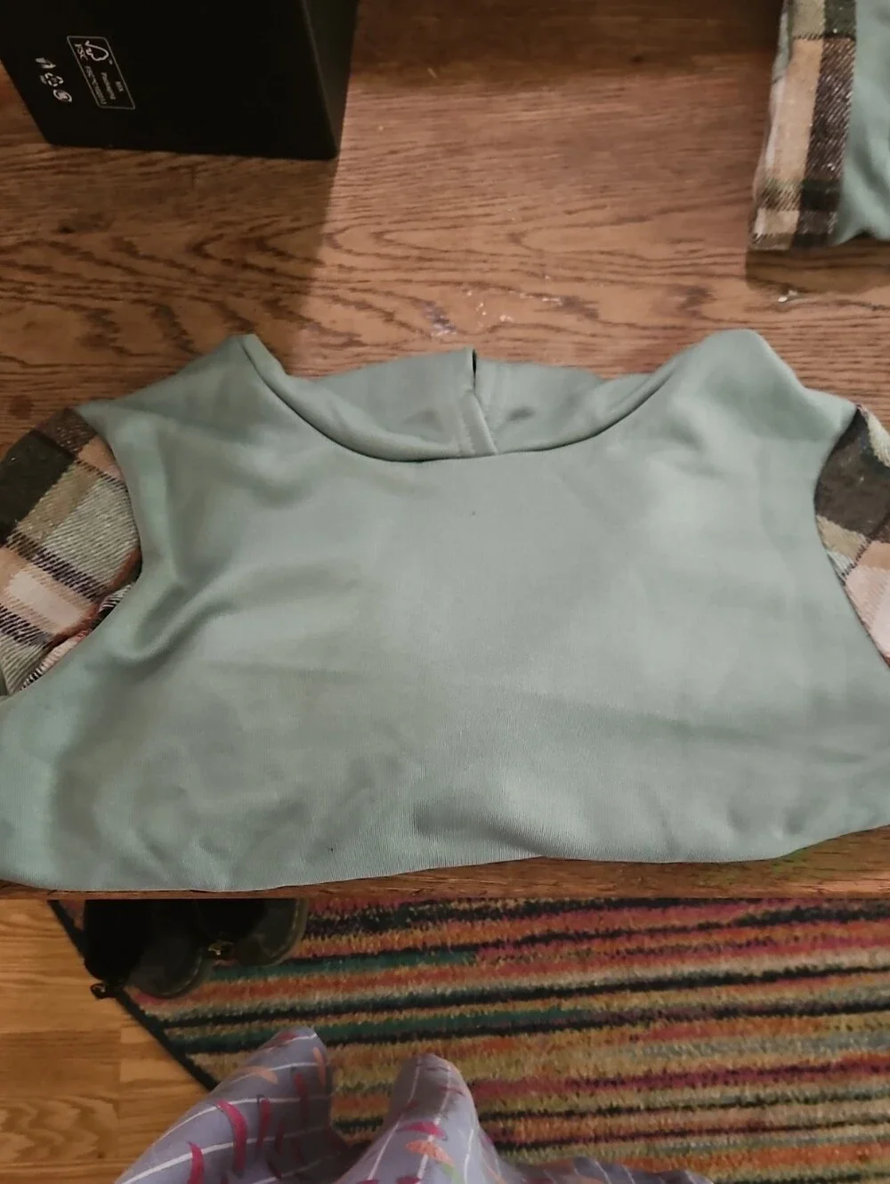 Girl's Sage Green Hoodie Sweat Set with Plaid Sleeves and Plaid Stripe On Pants